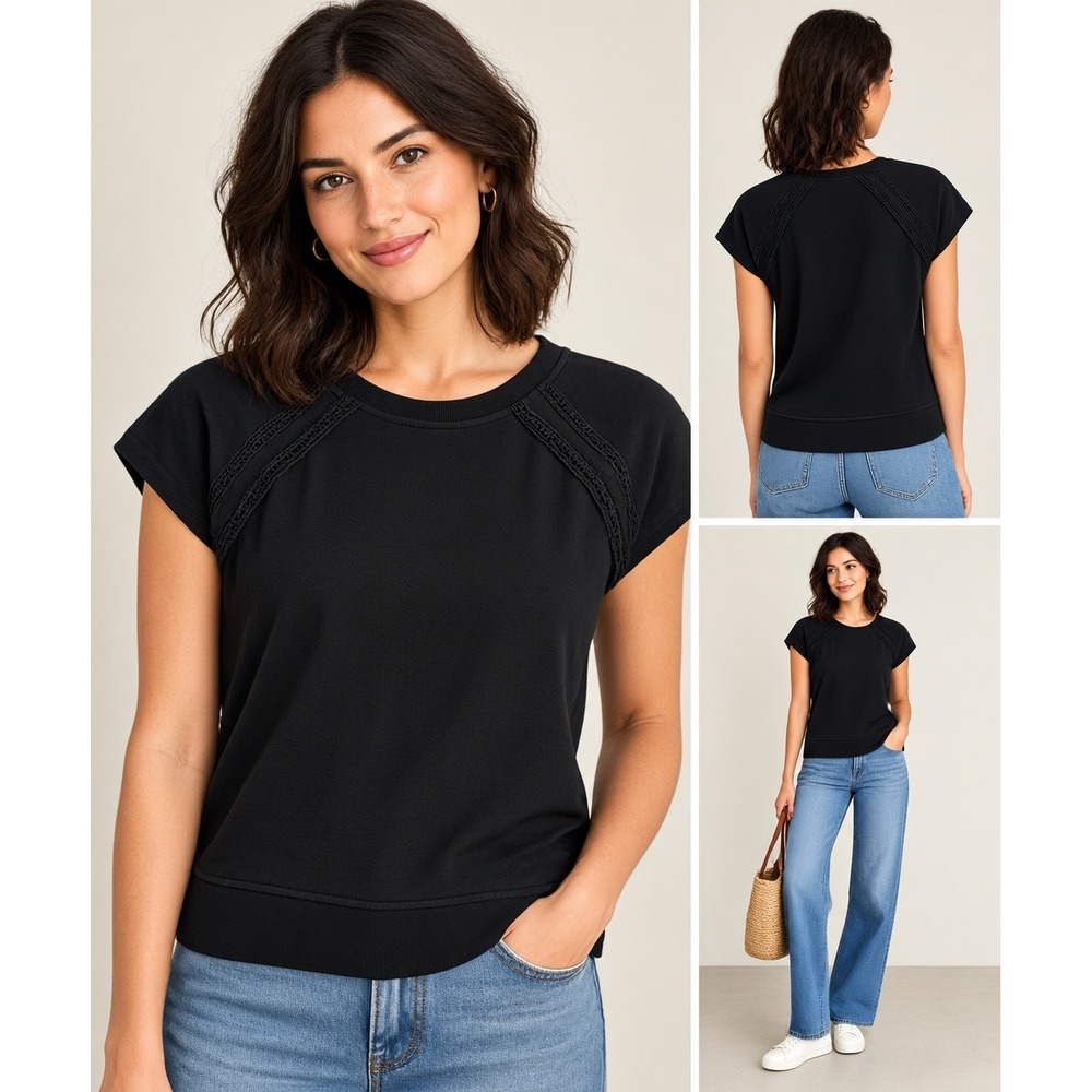 Sundays by WearSundays Black Lace Trim Short Sleeve Sweatshirt Top S
